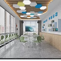 School Smart Classroom with Green Chairs White Tables Colorful Hexagonal Pendant Lights and Big Screen