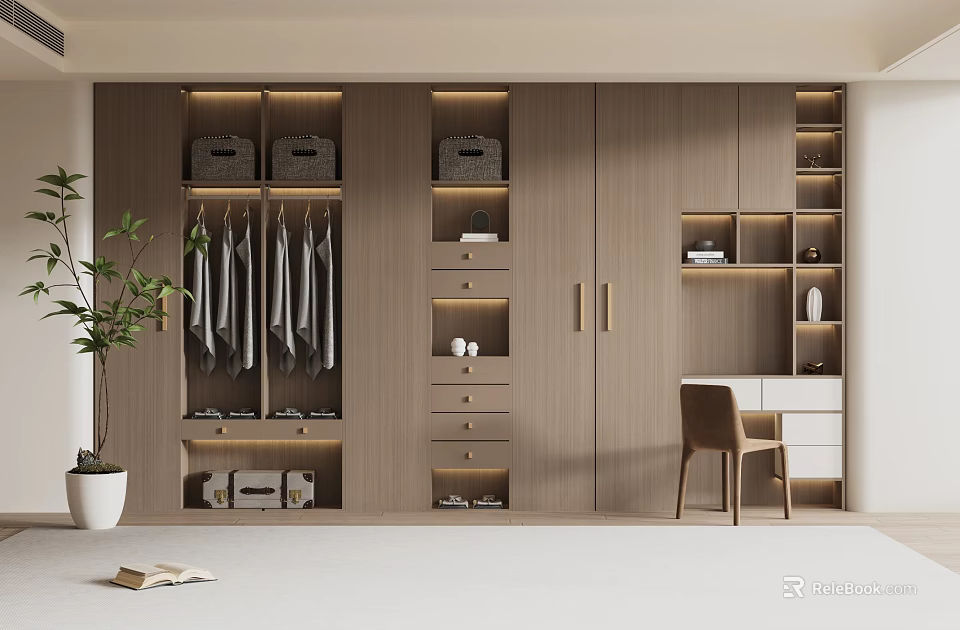 Modern Minimalist Wardrobe with Hanging Clothes Drawers Open Shelves Built-in LED Lighting and Desk Chair 3d model 