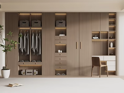 Modern Minimalist Wardrobe with Hanging Clothes Drawers Open Shelves Built-in LED Lighting and Desk Chair 3d model