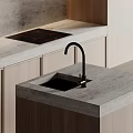 Modern Minimalist Kitchen Interior With Wooden Cabinets Open Gray Shelves Marble Countertop And Lighting