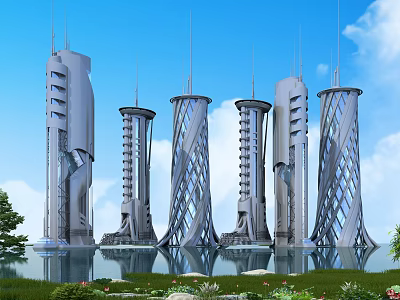 Modern Office Towers With Unique Architectural Design Surrounded By Water And Greenery 3d model