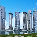 Modern Office Towers With Unique Architectural Design Surrounded By Water And Greenery