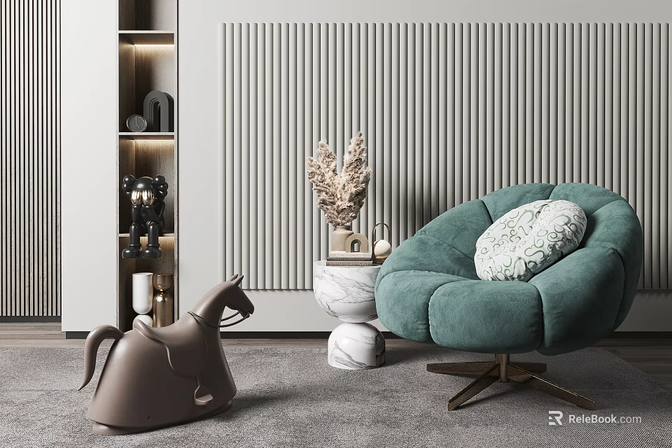 Green Accent Chair With Cozy Velvet Design Striped Wall And Marble Vase Decor 3d model 