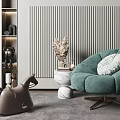 Green Accent Chair With Cozy Velvet Design Striped Wall And Marble Vase Decor