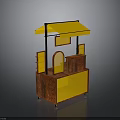 Modern Street Vendor Kiosk With Yellow Awning Wooden Counter And Display Shelves