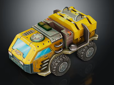Yellow Sci Fi Utility Vehicle With Large Tires And Roof Equipment 3d model