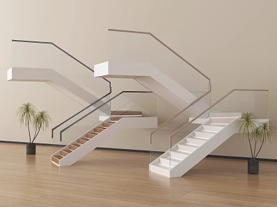 Modern Staircase Design With Glass Railing White Steps Wooden Floor And Decorative Plants 3d model