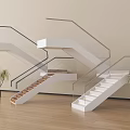 Modern Staircase Design With Glass Railing White Steps Wooden Floor And Decorative Plants