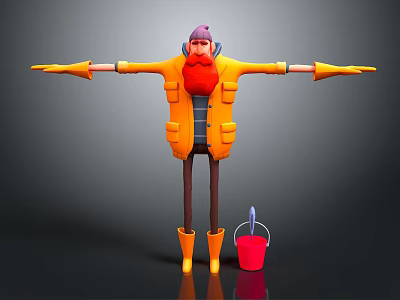 Cartoon Character Wearing Yellow Coat Purple Hat Red Scarf With Arms Outstretched Red Bucket Blue Tool 3d model