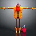 Cartoon Character Wearing Yellow Coat Purple Hat Red Scarf With Arms Outstretched Red Bucket Blue Tool