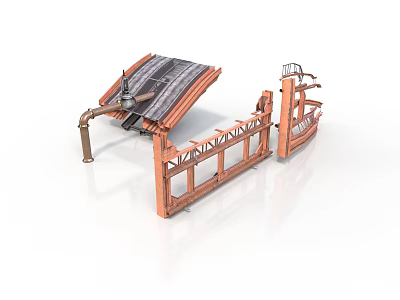 Brown Wooden Equipment Structure With Roof Fence Pipes And Brackets 3d model