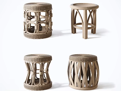 Modern Woven Stools With Various Hollow Structures And Light Brown Finish 3d model