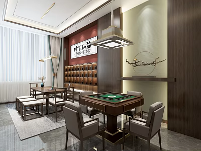 Elegant Hotel Mahjong Room Interior Design With Green Table Wooden Chairs And Chinese Decor 3d model