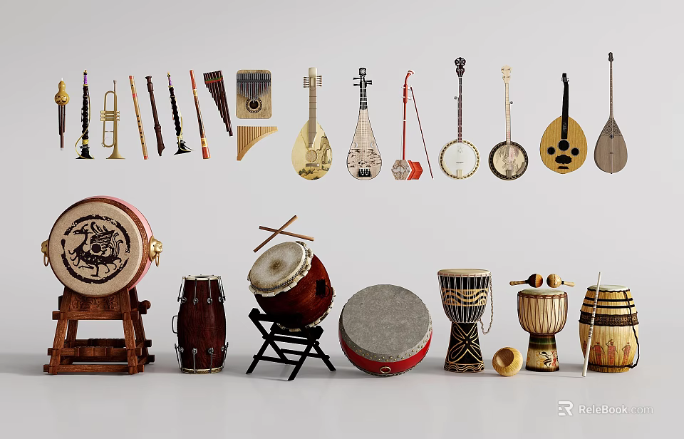 Traditional Musical Instruments Collection Including Drums Lutes And Wind Instruments 3d model