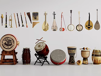 Chinese Ethnic Musical Instrument Combination Big Drum Elephant Foot Drum Hand Drum Pipa Erhu 3d model