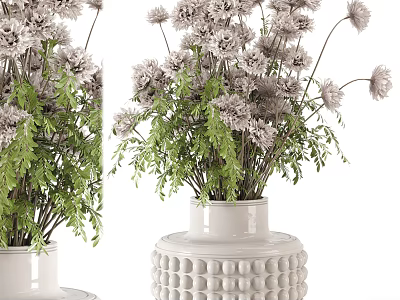 White Textured Ceramic Vase With Fresh Purple Flowers And Green Leaves For Home Decor 3d model