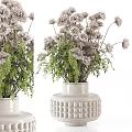 White Textured Ceramic Vase With Fresh Purple Flowers And Green Leaves For Home Decor