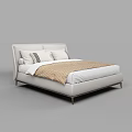 Modern Light Colored Double Bed With Upholstered Headboard Pillows Plaid Blanket And Metal Legs