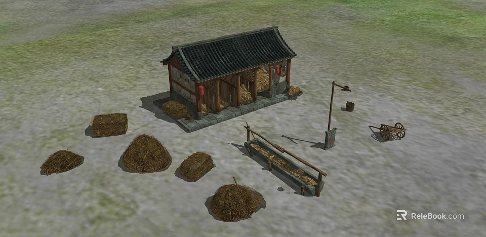 Ancient Chinese Traditional Building With Tiled Roof Haystacks Wooden Fence And Handcart 3d model 