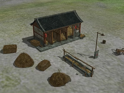 Ancient Chinese Traditional Building With Tiled Roof Haystacks Wooden Fence And Handcart 3d model