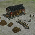 Ancient Chinese Traditional Building With Tiled Roof Haystacks Wooden Fence And Handcart