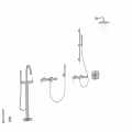 Modern Bathroom Faucet with Stainless Steel Finish and Handheld Shower on Black Wall