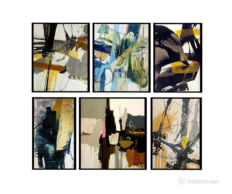 Modern Abstract Wall Art Set of Six with Yellow Blue Brush Strokes and Black Accents 3d model 