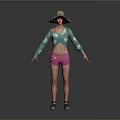 Woman Wearing Straw Hat Turquoise Top White Sleeves Pink Shorts And Sandals