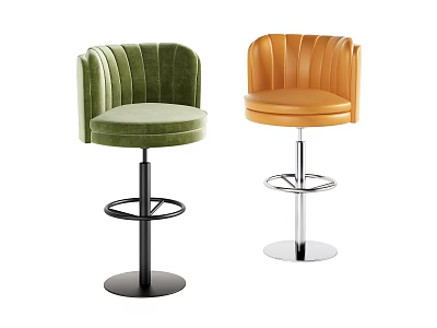 Green And Orange Velvet Bar Stools With Curved Backrests And Metal Bases 3d model