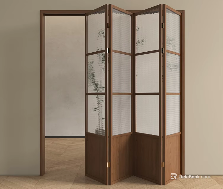 Wooden Frame Folding Door With Patterned Glass Panels For Interior Room Divider 3d model 