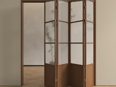 Wooden Frame Folding Door With Patterned Glass Panels For Interior Room Divider 3d model