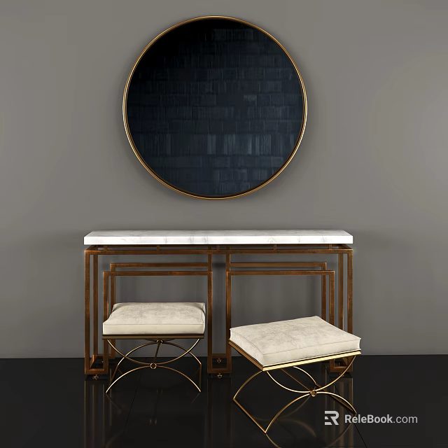 Elegant Dressing Table With Round Black Mirror Gold Frame Marble Top And Upholstered Stools 3d model