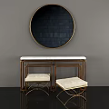 Elegant Dressing Table With Round Black Mirror Gold Frame Marble Top And Upholstered Stools 3d model