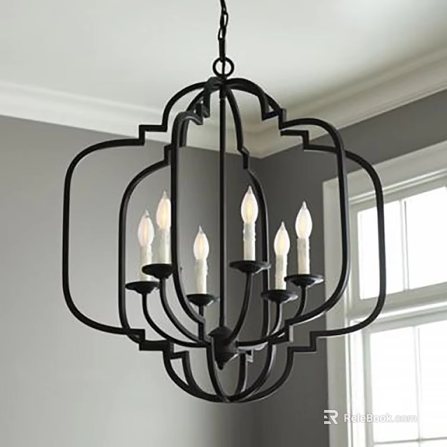 Black Geometric Frame Chandelier With Candle Shaped Bulbs Near Window Indoor 3d model 