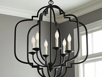 Black Geometric Frame Chandelier With Candle Shaped Bulbs Near Window Indoor 3d model