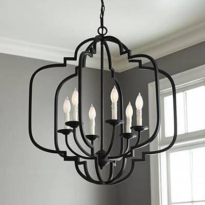 Black Geometric Frame Chandelier With Candle Shaped Bulbs Near Window Indoor 3d model