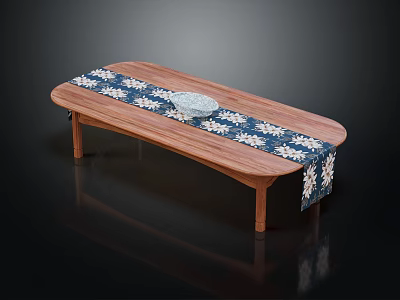 Oval Shaped Wooden Dining Table With Blue And White Patterned Tablecloth And Decorative Bowl 3d model