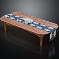 Oval Shaped Wooden Dining Table With Blue And White Patterned Tablecloth And Decorative Bowl