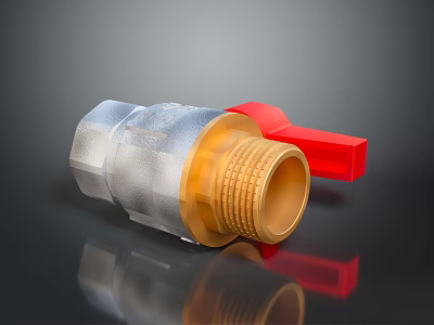 Silver And Gold Metal Valve With Red Handle And Threaded Design 3d model