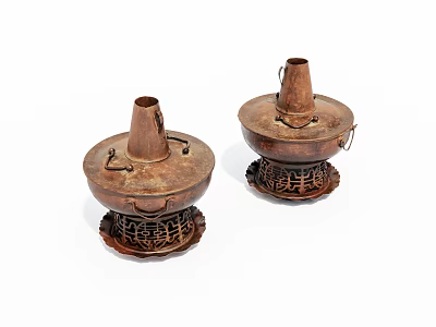 Two Traditional Copper Kitchen Cookware Pieces With Lid Handles And Carved Bases 3d model