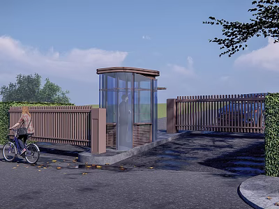 Modern Glass Security Booth With Cyclist Passing By Wooden Fence And Green Trees 3d model