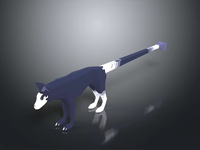 Blue And White Low Poly Style Cat With Long Tail In Crouching Pose Dark Background 3d model