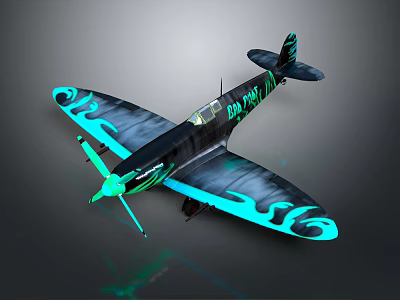 Vintage Propeller Plane With Black Body Blue Flame Patterns And Green Propeller 3d model