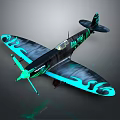 Vintage Propeller Plane With Black Body Blue Flame Patterns And Green Propeller
