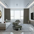 Modern Living And Dining Room Interior With Elegant Sculpture Decorative Painting Sofa And Marble Floor