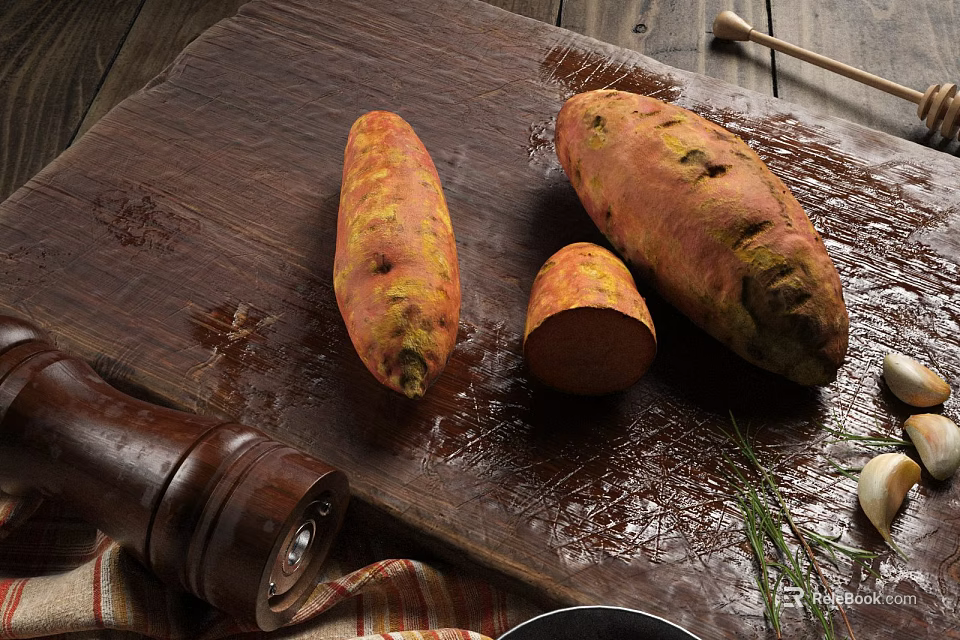 Fresh Sweet Potatoes on Wooden Cutting Board with Pepper Grinder Garlic and Herbs 3d model 