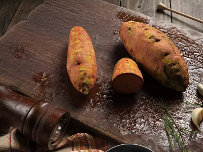 Fresh Sweet Potatoes on Wooden Cutting Board with Pepper Grinder Garlic and Herbs 3d model