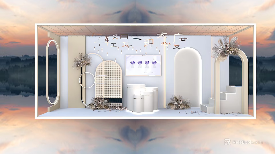 Stylish Photo Spot with White Beige Arched Doorways Wall Decorations Display Stand Steps and Plants 3d model 
