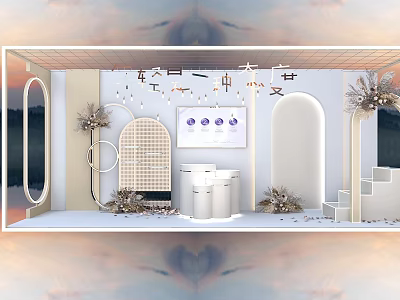 Stylish Photo Spot with White Beige Arched Doorways Wall Decorations Display Stand Steps and Plants 3d model