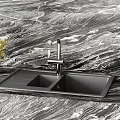 Black Double Bowl Kitchen Sink With Modern Faucet On Marble Countertop And Green Plants Grapes